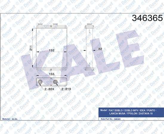 KALE 0183831AB Kalorifer Radyatoru Fiat Doblo / Idea / Punto (Al/Brz)